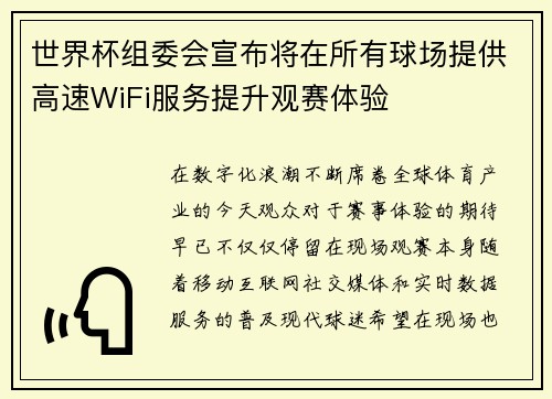 世界杯组委会宣布将在所有球场提供高速WiFi服务提升观赛体验