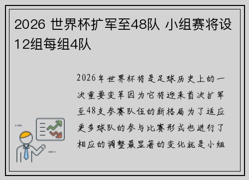 2026 世界杯扩军至48队 小组赛将设12组每组4队