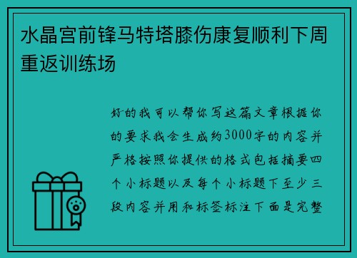 水晶宫前锋马特塔膝伤康复顺利下周重返训练场