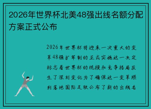 2026年世界杯北美48强出线名额分配方案正式公布
